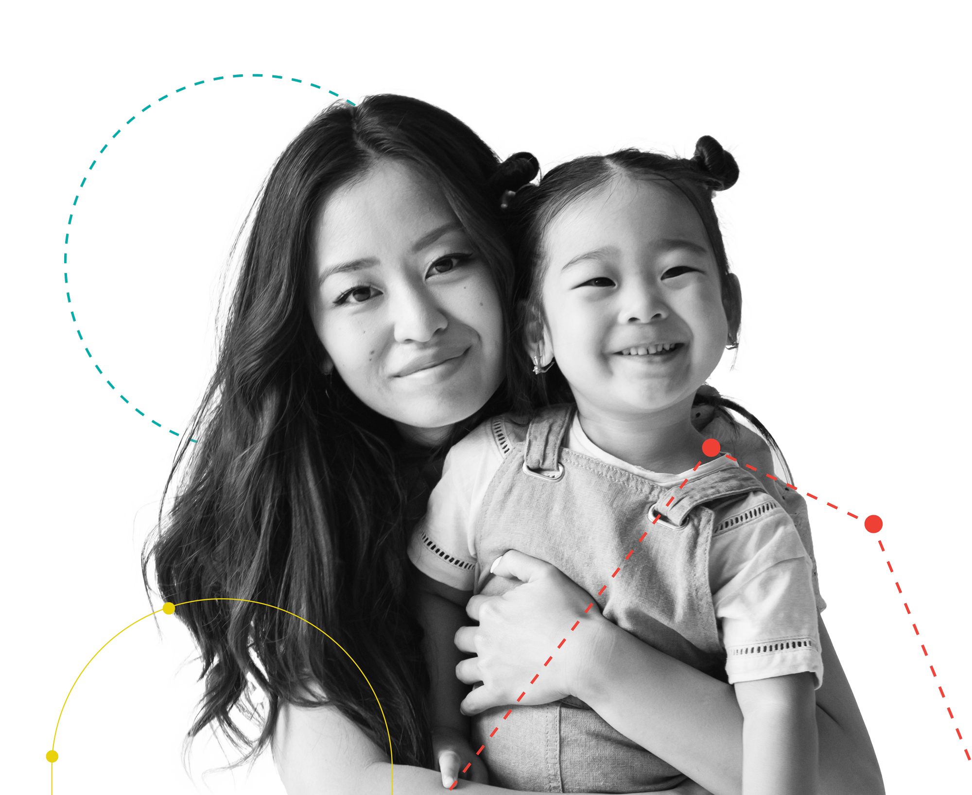 Woman with young child, happy.